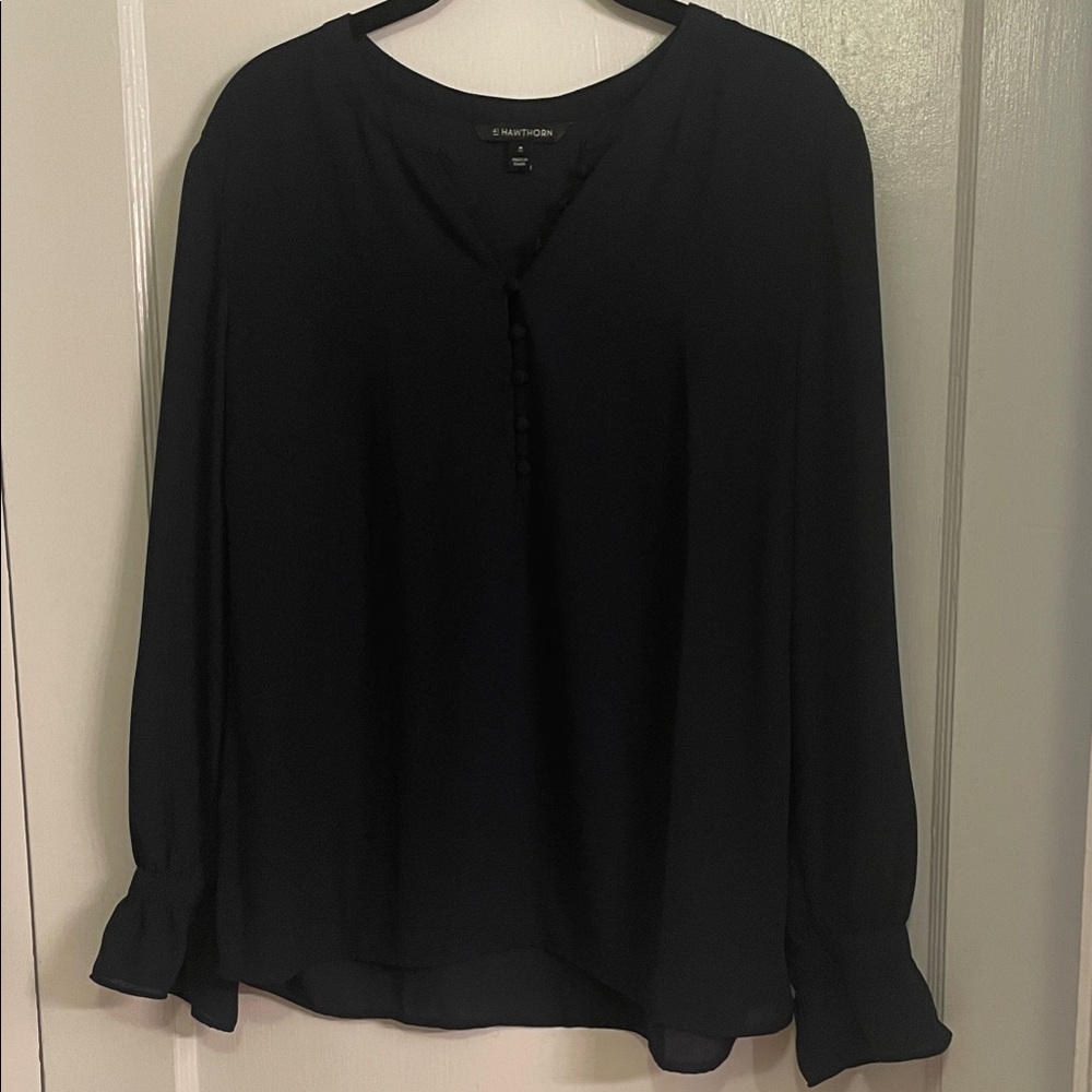 Blue Relaxed Ruffled Long Sleeve Blouse